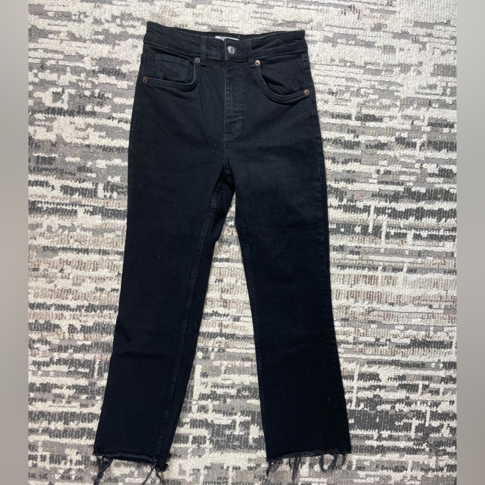 Zara Black Highrise Cropped Raw Hem Straight Leg Jeans Cotton - Picture 13 of 13